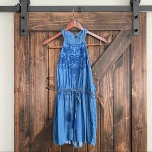 EUC 🌸 Chambray Denim Blue Romper with Embroidery